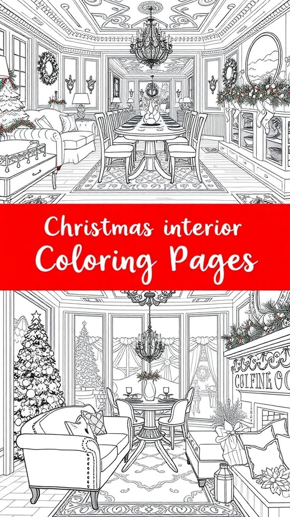 A variety of Christmas-themed coloring pages showcasing cozy interiors and festive decorations.